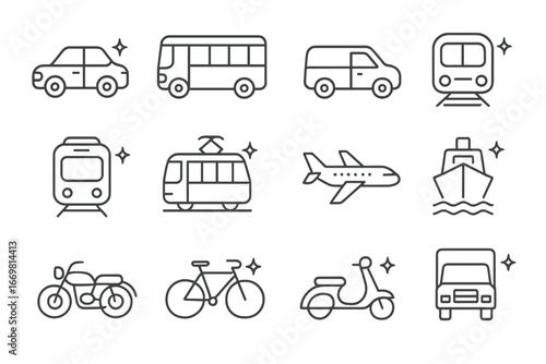 Various modes of transportation displayed in a clean and simple style including cars, buses, and planes