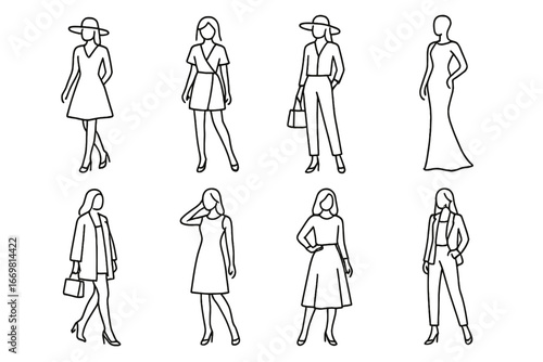 Fashion illustration featuring eight diverse female outfits for various occasions in a minimalist style