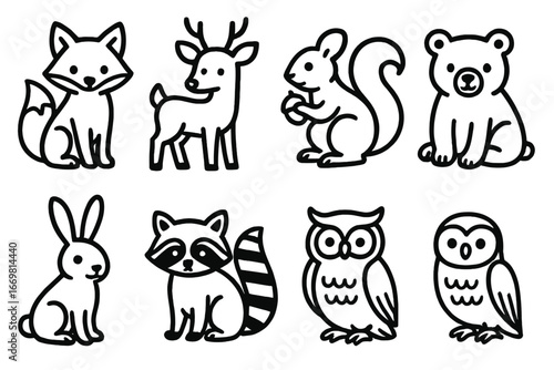 Cute cartoon animals including a fox, deer, squirrel, bear, rabbit, raccoon, and owls drawn in black and white style suitable for kids