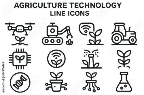Innovative agriculture technology line icons representing modern farming practices and tools for efficient crop management
