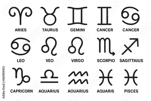 Collection of zodiac symbols representing astrological signs displayed in black on a white background