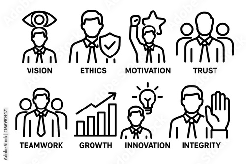 Elements of effective leadership represented through visual icons showcasing key values and attributes essential for success in business