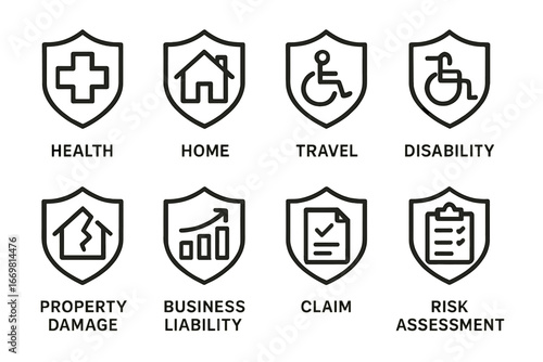 Icons representing various insurance categories including health, home, travel, and risk assessment in a simple design