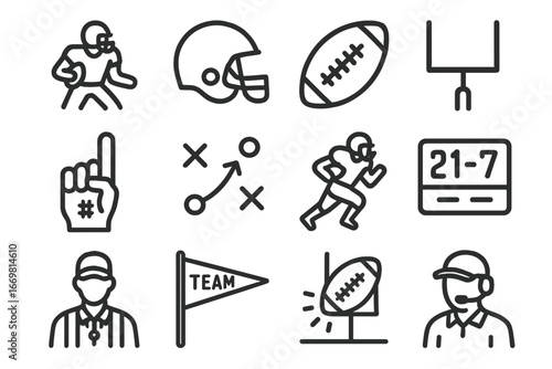 Football game icons representing team spirit, competition, and sportsmanship in a lively stadium setting
