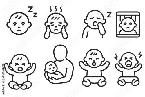 Variety of baby expressions including tired, upset, and calm while interacting with caregiver