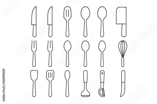 Kitchen utensils including knives, forks, spoons, and whisks arranged for a culinary project or recipe preparation