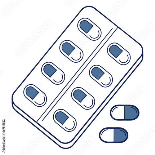 Minimilist illustration of a blister pack of blue and white capsules with two loose capsules nearby on white background vector