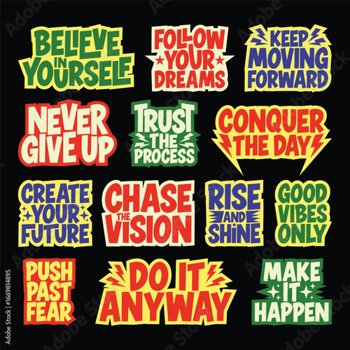 Retro Motivational Typography Sticker Set, Bold Lettering Quote Design, Vintage Comic Style