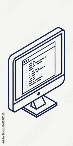Minimilist isometric line drawing of a computer monitor displaying code with a checkmark on screen view vector