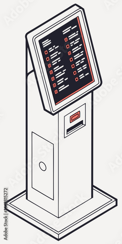Minimilist isometric self service kiosk with a screen displaying a list of options and a payment slot shown vector