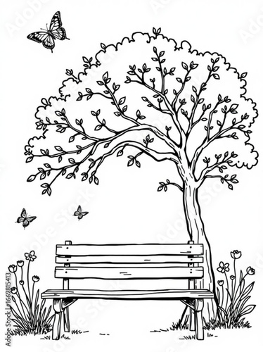 Minimilist illustration of a park bench under a tree with butterflies in a black and white coloring book style vector