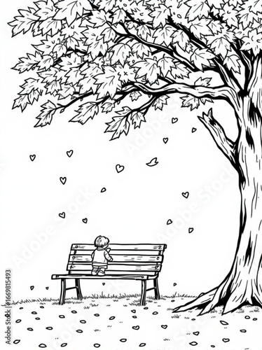 Minimilist a child sits on a bench under a large tree with heart shaped leaves falling around them in black and white vector