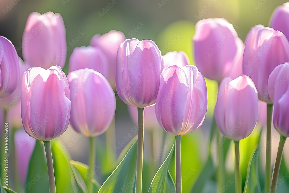 Fototapeta premium Pink tulips blooming in spring sunlight