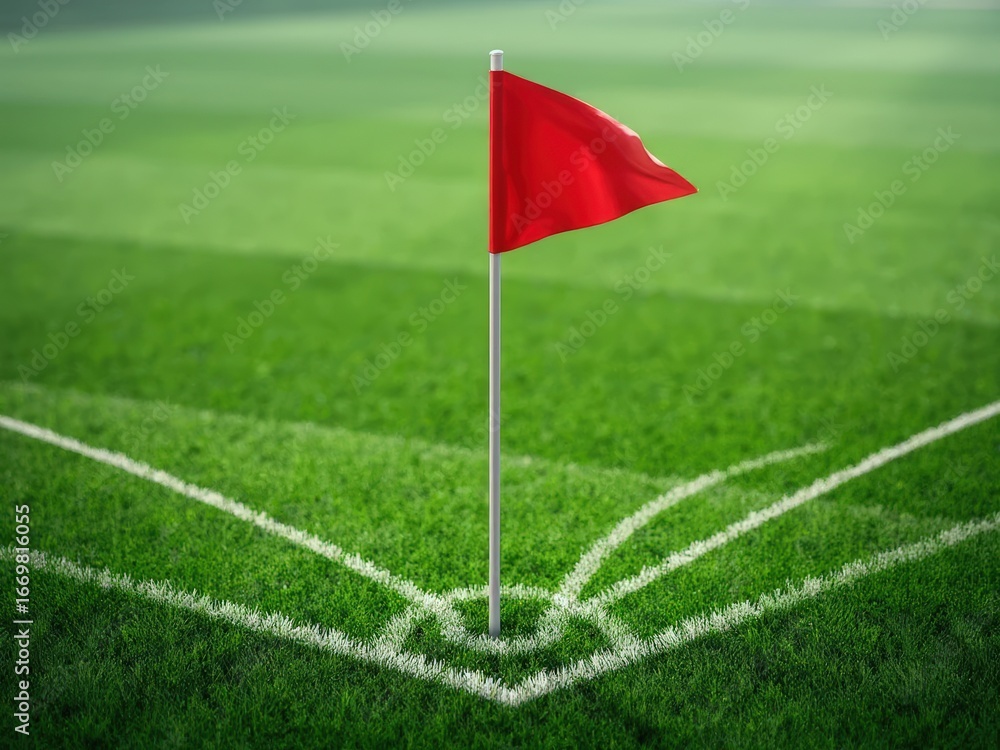 Fototapeta premium Red corner flag standing firmly on green football ground with visible white boundary lines 