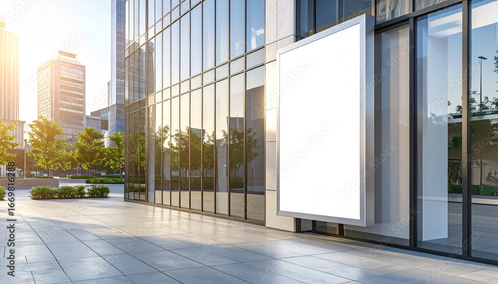 Fototapeta premium Modern Outdoor Advertising Billboard Mockup on Glass Building Facade Urban Scene