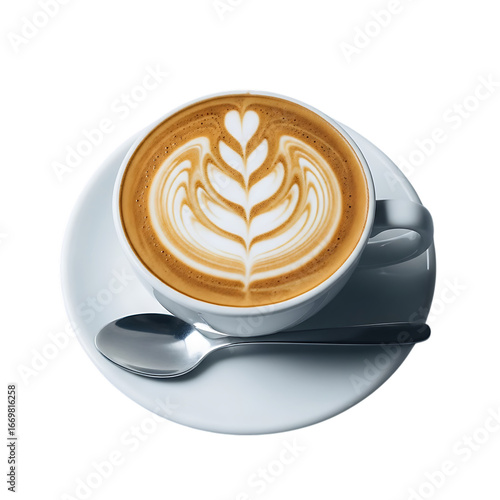 Latte art coffee cup with spoon isolated on transparent background