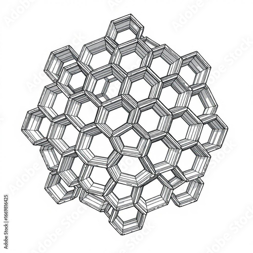 Minimilist complex three dimensional structure of interconnected hexagonal cells in a geometric pattern vector