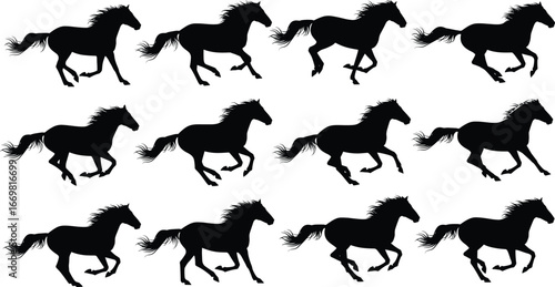 Horse silhouette vector, running horse illustration, wild animal graphic, stallion clipart, galloping horse design, equestrian concept, black horse art, freedom