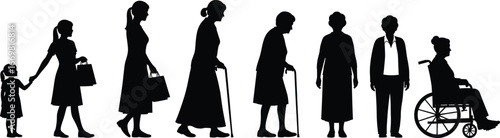 Human life stages silhouette, child to elderly, aging process illustration, woman evolution, healthcare concept, wheelchair support, generational growth design