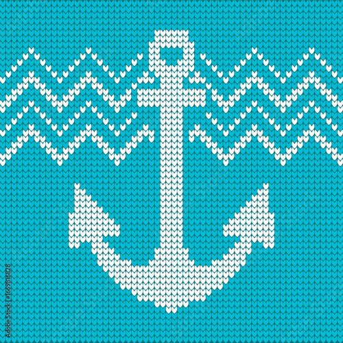 Seamless knitted texture with white anchor and wave design on turquoise background. Perfect for nautical themes, winter apparel, or textile prints. Vector illustration.