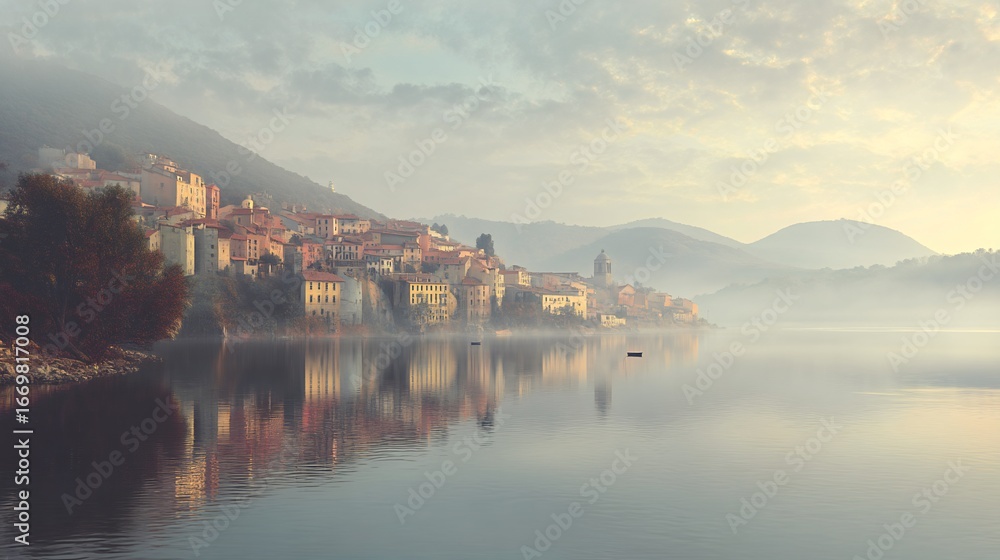 Fototapeta premium Serene early morning sunlight casting a soft glow over a sleepy lake town surrounded by nature