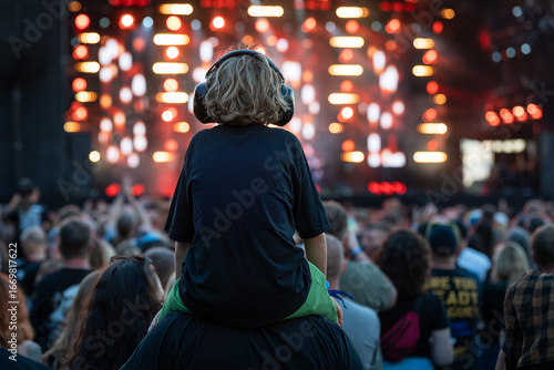 A little boy with headphones sitting on shoulders during a concert in front of the stage.