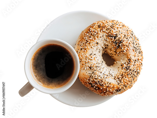 Bagel and coffee on white surface