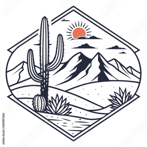 Minimilist stylized desert landscape with cactus mountains and sun in a diamond shaped frame design element vector