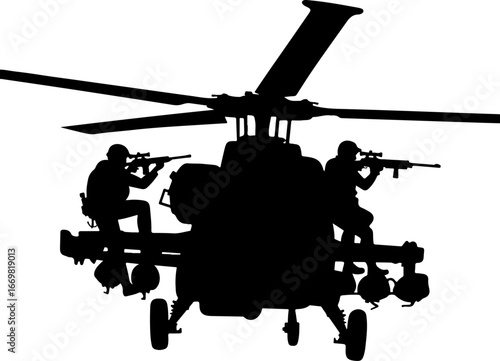 "Military Helicopter Silhouette with Armed Soldier"

"Combat Chopper Vector with Soldier Illustration"

"War Helicopter and Soldier Silhouette Design"