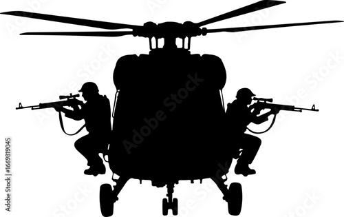 "Military Helicopter Silhouette with Armed Soldier"

"Combat Chopper Vector with Soldier Illustration"

"War Helicopter and Soldier Silhouette Design"
