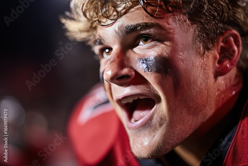 American football player portrait closeup face paint intensity emotion night stadium red jersey. American football player portrait closeup with face paint shows intensity and emotion night stadium