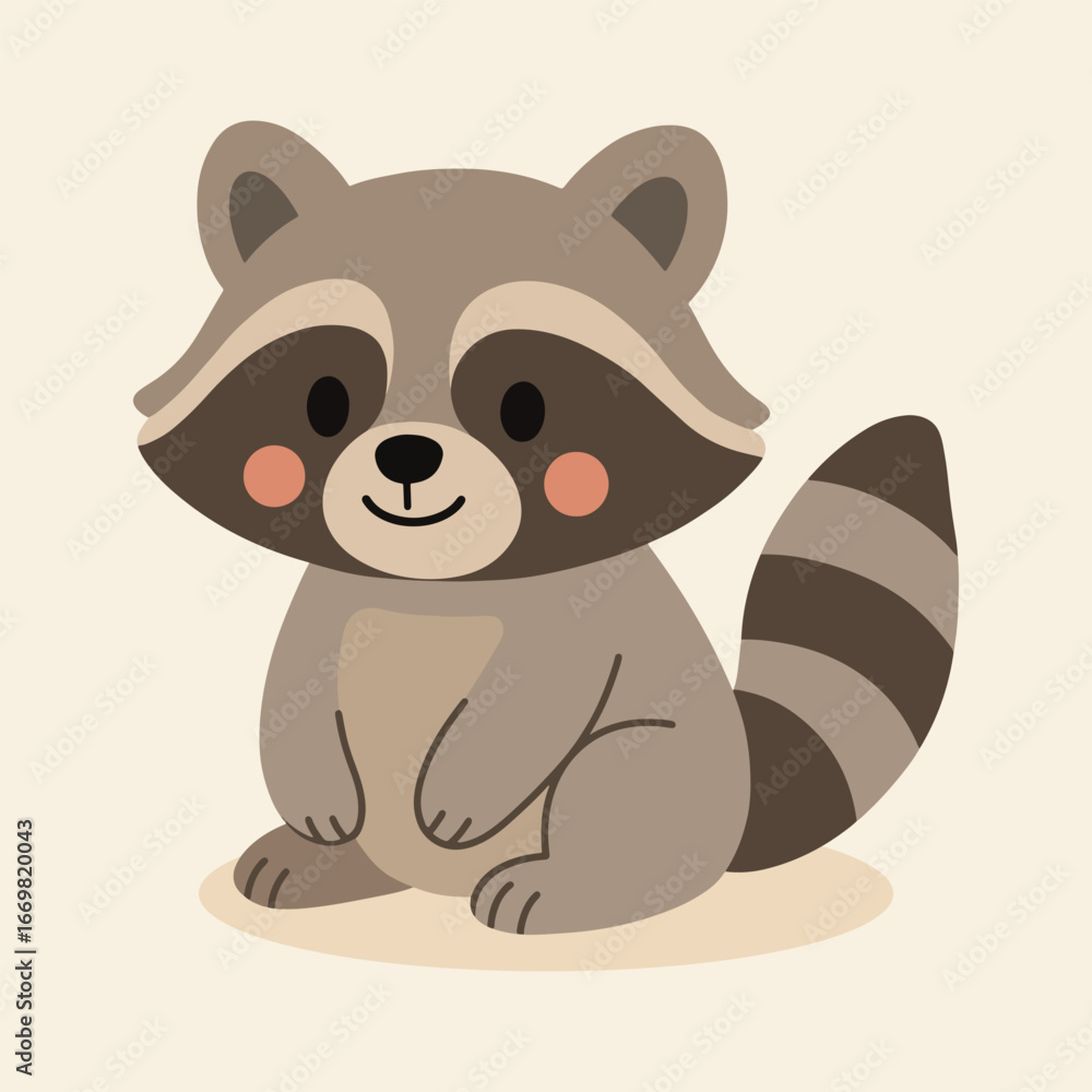 Naklejka premium Cute cartoon raccoon illustration in gray and black, perfect for product packaging, labels, web design, banners, book illustrations and art prints with a playful, child-friendly style. 