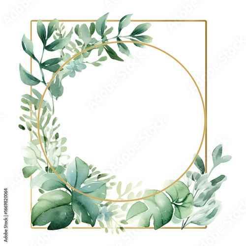 Wallpaper Mural Fresh Botanical Watercolor Frame with Golden Square Border, Elegant Greenery Design for Invitations, Weddings, and Stationery Projects Torontodigital.ca