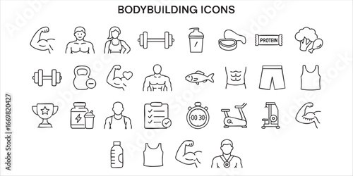 a set of outline icons related to bodybuilding. Vector on a gray background