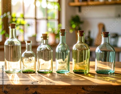 Wallpaper Mural Assorted Green and Clear Glass Bottles on Windowsill Table Torontodigital.ca