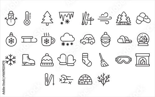 a set of winter-themed outline icons. Vector on a gray background