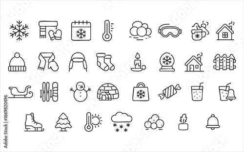 a set of winter-themed outline icons. Vector on a gray background