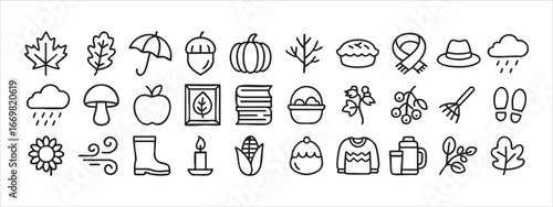 a collection of linear icons, each representing different elements associated with fall or autumn. Vector on a gray background