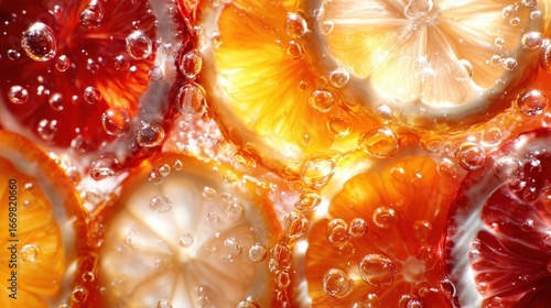 Fototapeta Naklejka Na Ścianę i Meble -  An artistic close-up of citrus fruits submerged in bubbly liquid, creating a refreshing visual explosion of colors and textures, representing vitality, flavor, and zest for life.