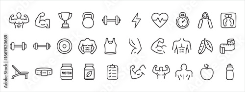 a set of vector outline icons related to fitness and healthy lifestyle.