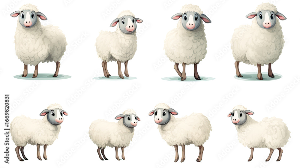 Fototapeta premium White herd of sheep grazing in field isolated on white background