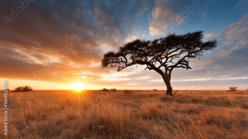 A solitary tree stands majestically against a vibrant sunset sky, symbolizing resilience and solitude in nature’s breathtaking landscape.