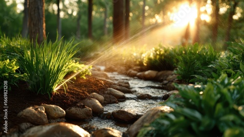 In this captivating image, sunlight filters through trees over a babbling stream, illustrating the beauty of nature and evoking a sense of peace and tranquility.