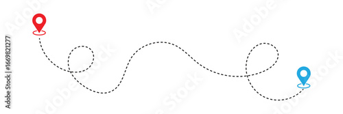 Dotted path with points. Route icon - two points with dotted path and location pin. isolated on white background. Vector illustration. EPS 10 .