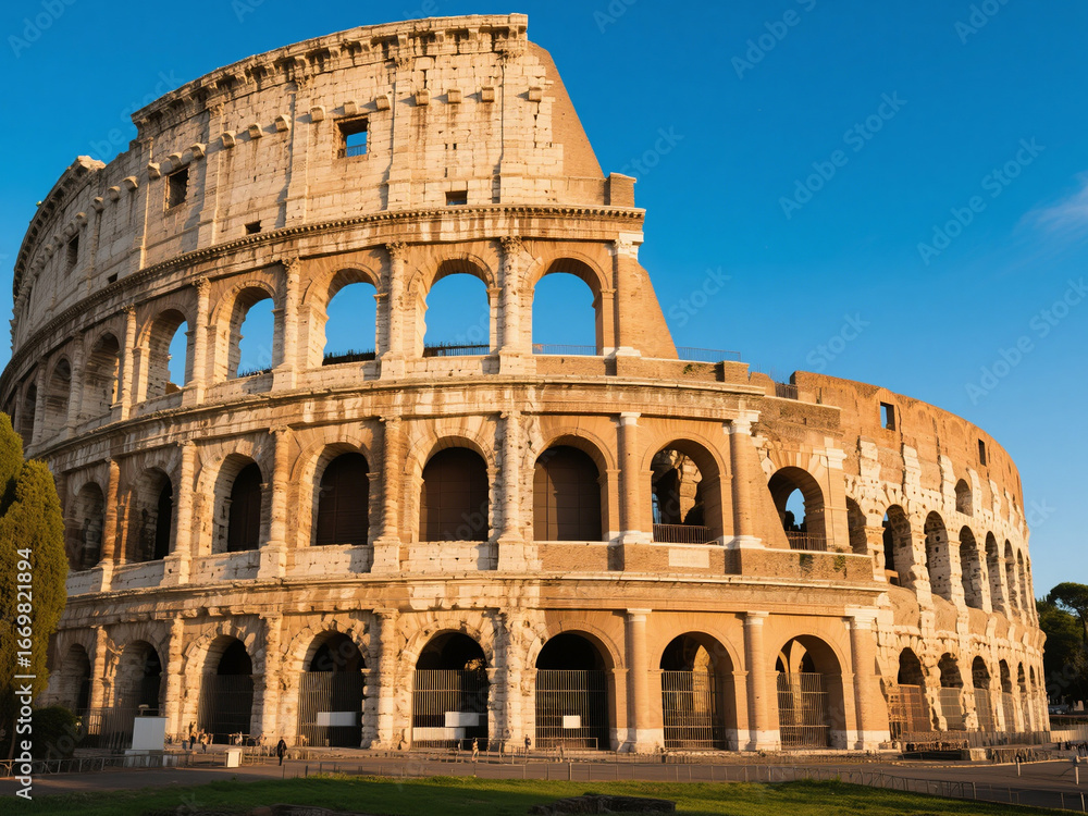 Obraz premium A stunning view of the ancient Colosseum in Rome, Italy, illuminated by the warm golden light of sunset. This iconic Roman amphitheater, one of the New Seven Wonders of the World, stands as a symbol