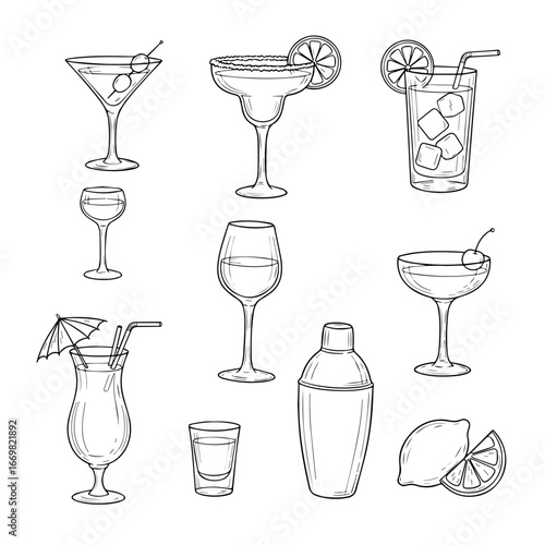 A vector illustration set of various alcoholic drinks and cocktail glass icons