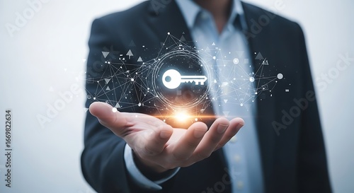 A hand holds a digital key icon, surrounded by a network of interconnected points and lines, representing digital access and security.