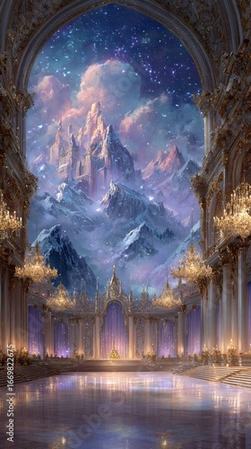 Grand hall, snowy peaks, starry night