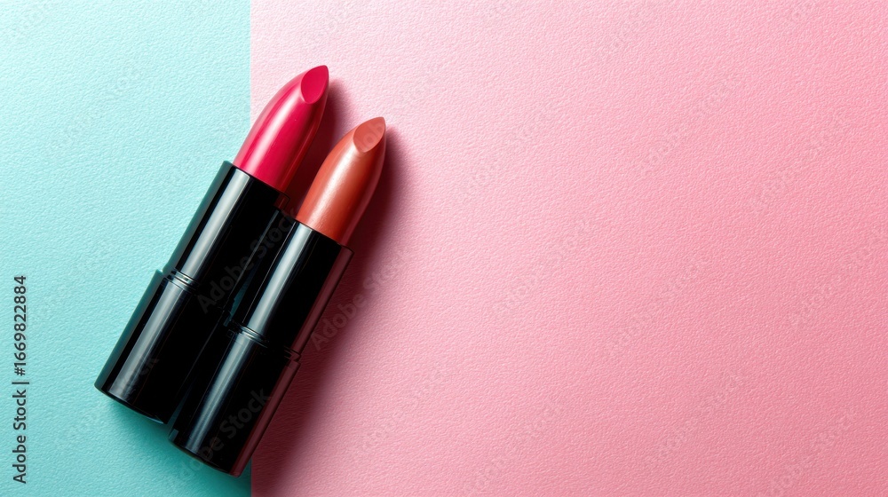 Obraz premium An artistic presentation of two lipsticks displayed against a vibrant backdrop beautifully embodies the glamour and creativity of cosmetic artistry in beauty culture.