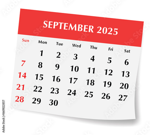 2025 september English calendar. vector illustration of monthly paper page with shadow. Design with Sunday start